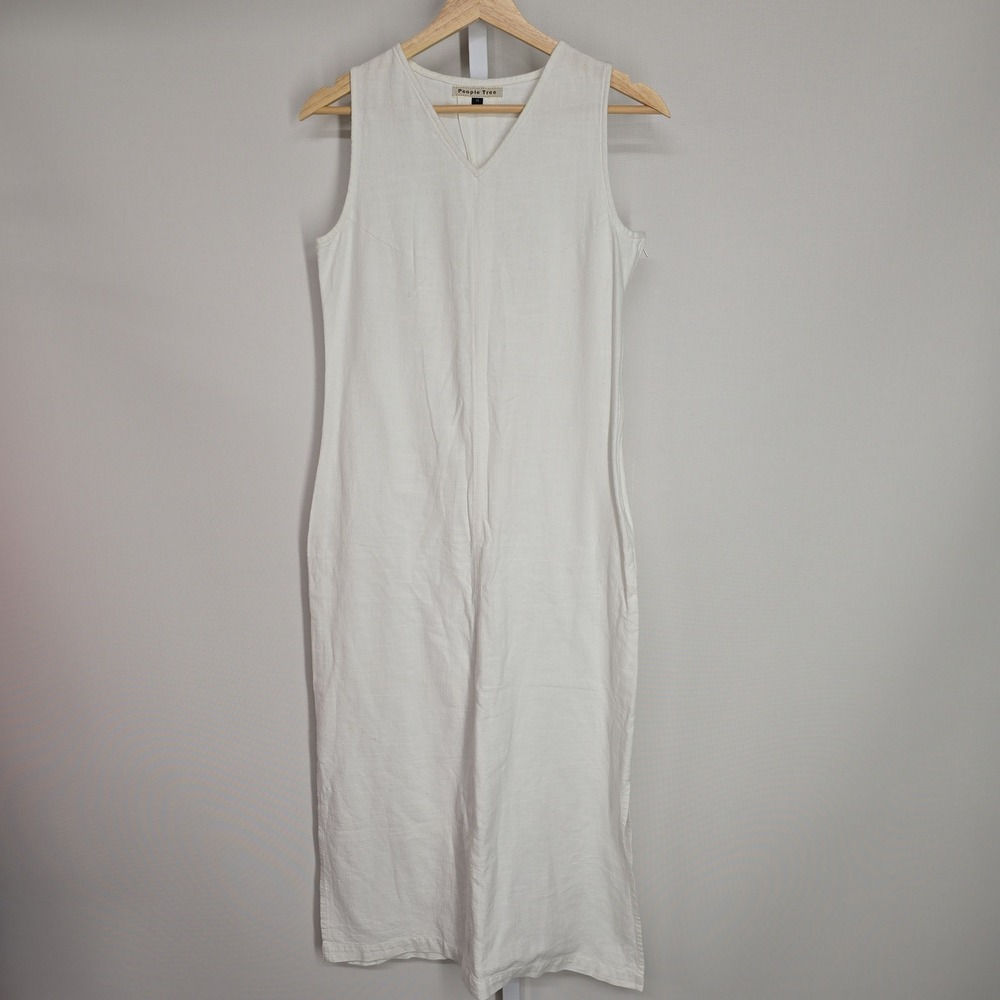 People Tree White Hand Woven Cotton V-Neck Sleeveless Midi Dress Womens Size M